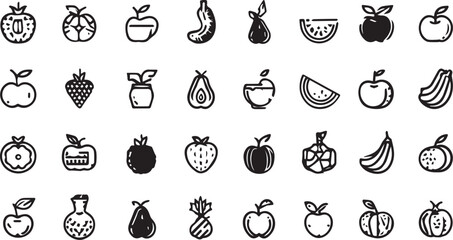 Fruits and Vegetables Line Art Icons Set — Minimal Black Outline Vector Collection