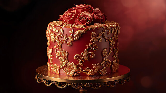 luxury red cake with gold floral decorations and handcrafted roses on ornate stand