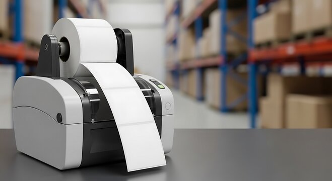 Professional thermal label printer efficiently producing shipping labels in a modern warehouse setting, ready for immediate dispatch and fulfillment operations