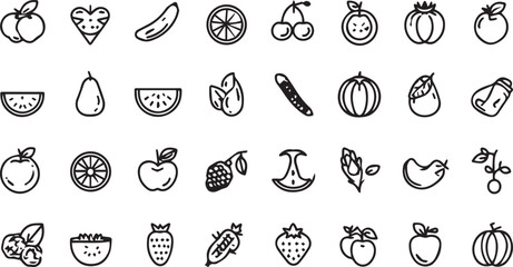 Fruits and Vegetables Line Art Icons Set — Minimal Black Outline Vector Collection