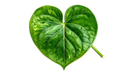 Close-up of a heart-shaped leaf, displaying varying green tones and intricate veins against black