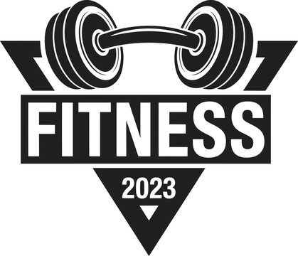 Retro style dumbbell emblem with fitness text and year 2023