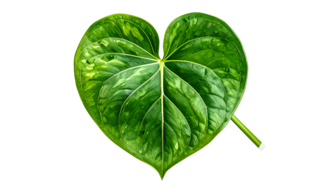 Close-up of a heart-shaped leaf, displaying varying green tones and intricate veins against black
