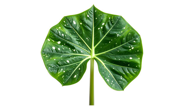 Isolated, large, heart-shaped leaf with white spots and prominent veins, green on black