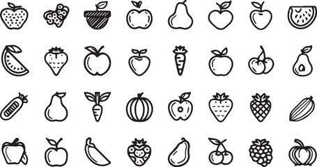Fruits and Vegetables Line Art Icons Set — Minimal Black Outline Vector Collection