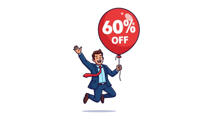 Deal Delight: A cheerful individual leaps with joy, clutching a vibrant red balloon advertising a 60% discount, embodying excitement and great offers.