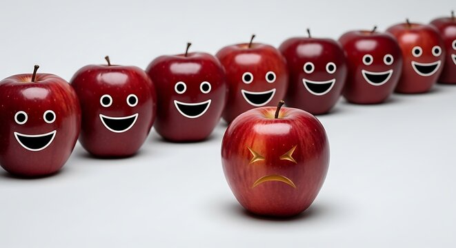 Red apples with happy faces except one sad apple stands out from the group