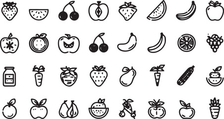 Fruits and Vegetables Line Art Icons Set — Minimal Black Outline Vector Collection
