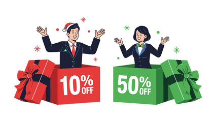 Holiday Deals Unboxed: Festive figures emerge from colorful gift boxes, showcasing enticing discounts for a special occasion.
