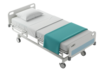 Hospital bed with white linens and teal blanket isolated on a transparent background