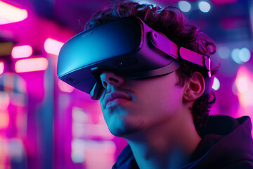 Young man using advanced VR glasses in immersive high tech environment, future experience, generative ai