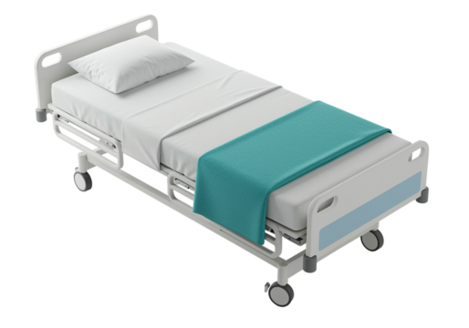 Hospital bed with white linens and teal blanket isolated on a transparent background