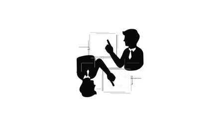 Two silhouetted figures collaborate on a whiteboard, pointing to ideas and concepts.