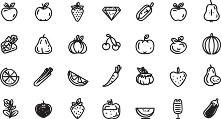 Fruits and Vegetables Line Art Icons Set — Minimal Black Outline Vector Collection