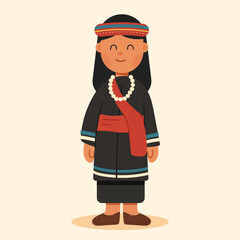 Flat cartoon illustration of a tribal woman in traditional dress. Ethnic and cultural character concept in minimal flat design, perfect for diversity and heritage themes.