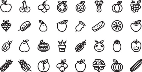 Fruits and Vegetables Line Art Icons Set — Minimal Black Outline Vector Collection