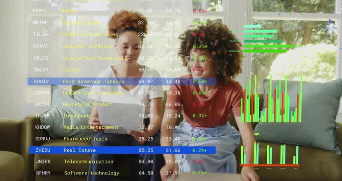 First woman pointing finance sheet causing bar graph overlay while pair comparing investment data - Powered by Adobe
