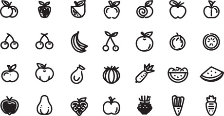 Fruits and Vegetables Line Art Icons Set — Minimal Black Outline Vector Collection