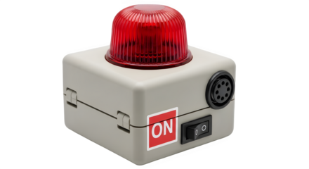 Isolated industrial alarm light box with red strobe beacon and ON switch on white background