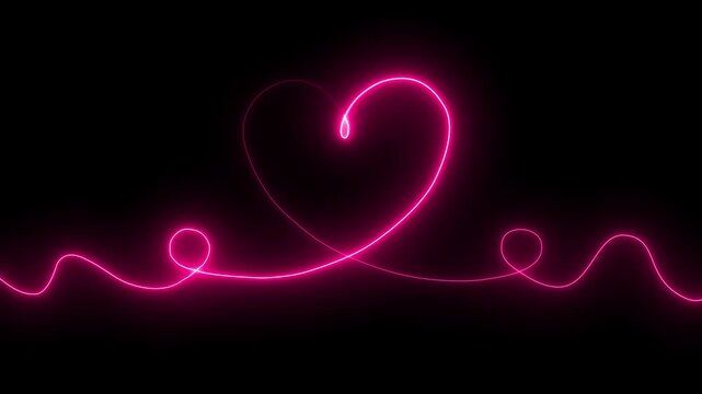 Neon glowing  hearts animation featuring a continuous one-line love drawing, designed in a bright Valentine&rsquo;s Day theme. The luminous neon heart icon includes a heartbeat line, symbolizing love,