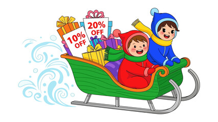 Winter Sleigh Ride with Gifts: Two joyous children ride a festive sleigh brimming with colorful gift boxes, showcasing discount tags, a cheerful scene of winter holidays.