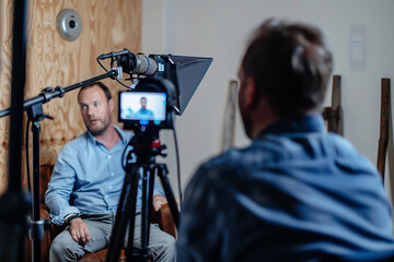 A confident man hosts a podcast from modern workspace, AI generated image