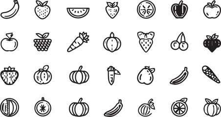 Fruits and Vegetables Line Art Icons Set — Minimal Black Outline Vector Collection