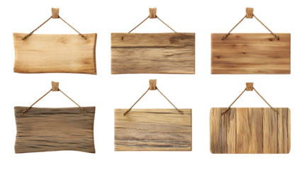 Collection of six rustic wooden signs hanging against a dark background