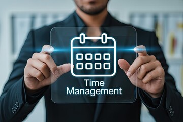 Futuristic businessman using digital interface for advanced time management planning and scheduling