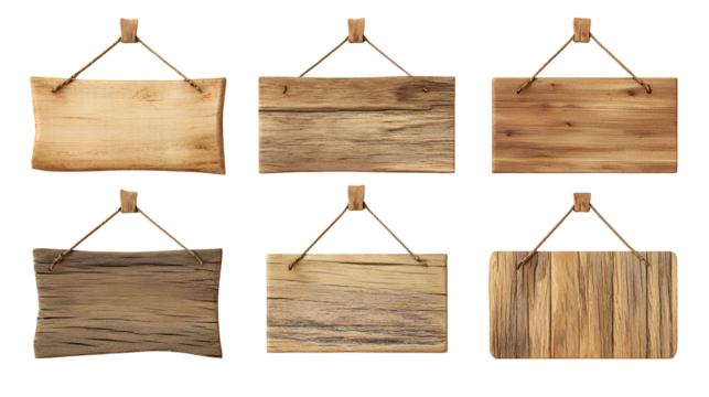Collection of six rustic wooden signs hanging against a dark background