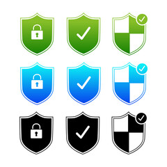 Security Shield Icon Set for Data Protection, Privacy Lock, and System Safety Design, Green Blue and Black Gradient Badge Collection for Cybersecurity, App Interface.
