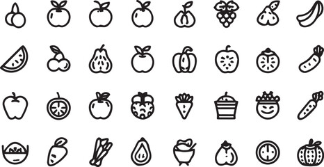 Fruits and Vegetables Line Art Icons Set — Minimal Black Outline Vector Collection