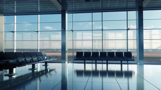 An empty modern airport with large windows and rows of seats at the boarding gate. Ideal for illustrating articles about travel, waiting for flights, modern airport architecture, or business trips.
