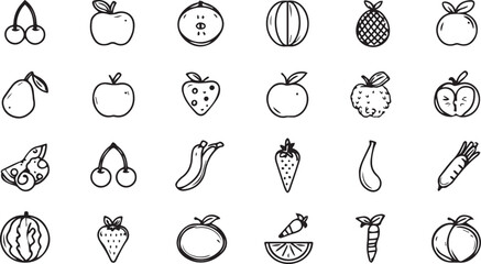 Fruits and Vegetables Line Art Icons Set — Minimal Black Outline Vector Collection