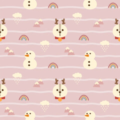Face reindeer cartoon so cute. On snowman mountain cloud snow rainbow background. Pattern seamless vector illustration. 