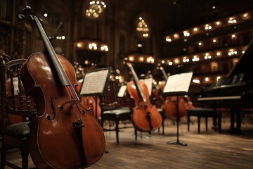 Fototapeta premium Cello resting on stage before orchestra performance