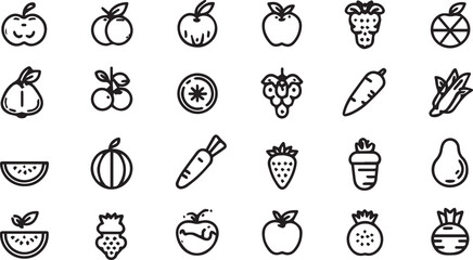 Fruits and Vegetables Line Art Icons Set — Minimal Black Outline Vector Collection
