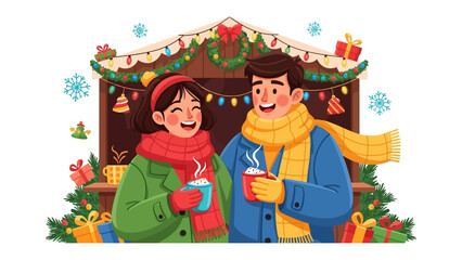 Cozy Winter Market Moment: A loving couple shares a moment of warmth and joy at a festive winter market. The image evokes the enchantment of the season.