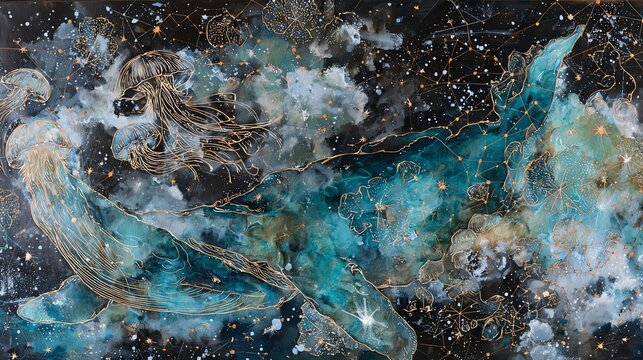 oceanic cosmos, swap constellations for silhouettes of whale, jellyfish, and manta rays formed by star chains, pearly gold highlights, turquoise nebula plumes, serene composition