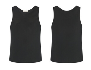 Woman's black sleeveless sports shirt front and back view, transparent background, Black women's top Sports clothing
