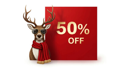 Cool Deer's Discount: A trendy deer with sunglasses and a scarf presents a vibrant discount offer, 50% off on a red backdrop.
