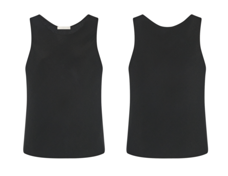 Woman's black sleeveless sports shirt front and back view, transparent background, Black women's top Sports clothing - Powered by Adobe