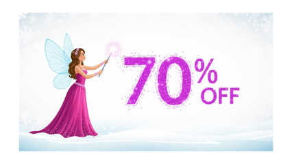Magical Savings: A fairy offers a fantastical deal, sparkling a vibrant 70% OFF display with a magical wand.