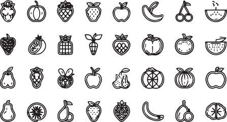 Fruits and Vegetables Line Art Icons Set — Minimal Black Outline Vector Collection