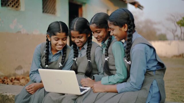 Group of happy Indian school girls learning together on a laptop in a rural village