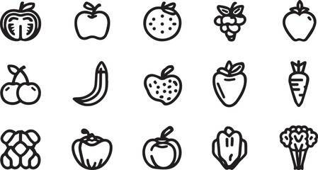 Fruits and Vegetables Line Art Icons Set — Minimal Black Outline Vector Collection