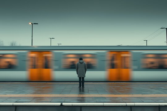 Man standing on platform watching train passing by - Powered by Adobe