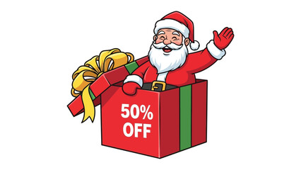 Santa's Festive Discount: A cheerful Santa Claus springs forth from a vibrant gift box. The image is a visual reminder of holiday sales and special offers, brimming with Christmas cheer.