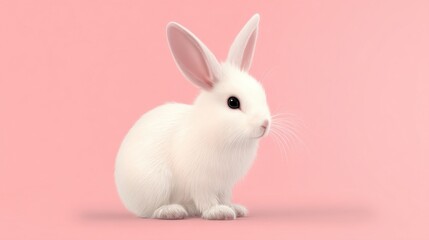 Obraz premium A white rabbit sits calmly against a plain pink background,