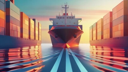 Two cargo ships sail towards each other at sunset. Used to illustrate articles on maritime transport, logistics, global trade and economics.
